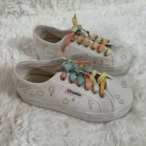 Superga White Platform Sneakers with Multicolor Laces Size 6